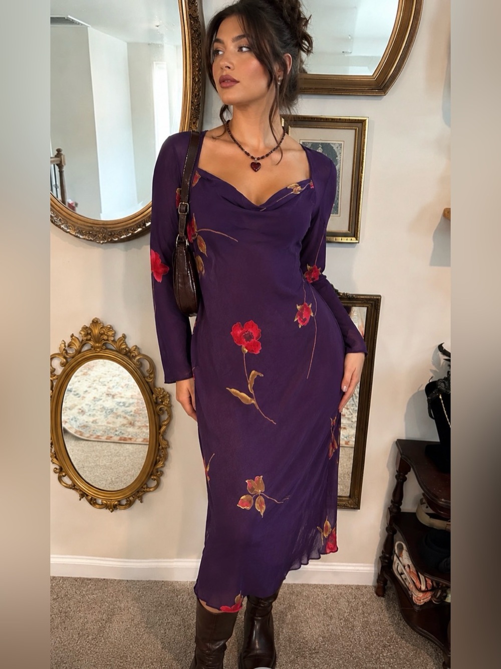 Together Purple Long Sleeve Floral Midi Dress. Size 8